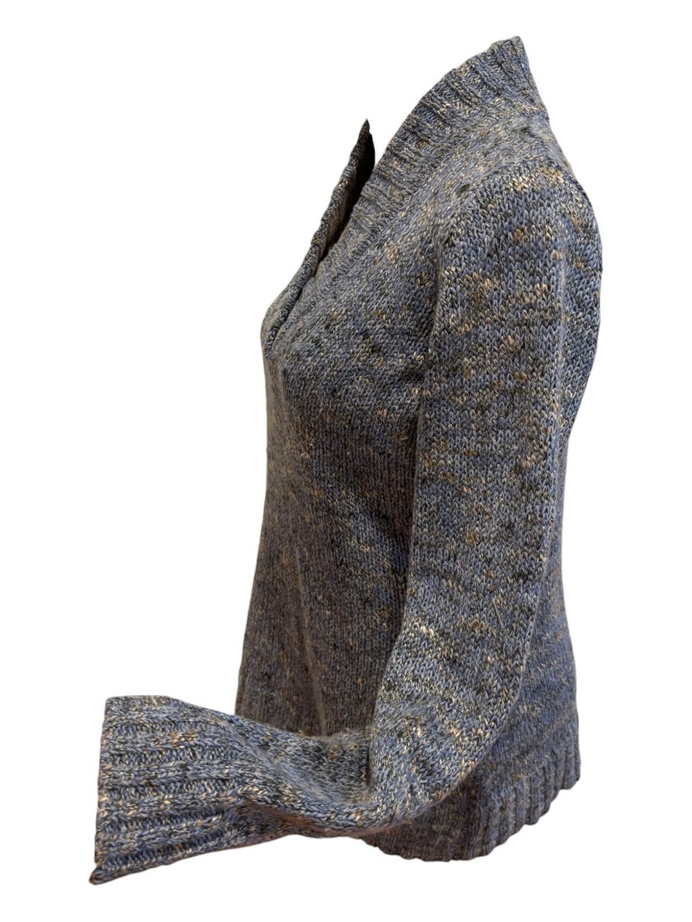 70s LIZ CLAIBORNE BLUE GRAY TWEED PREPPY V-NECK SHAWL COLLAR SWEATER SZ M - Picture 4 of 7